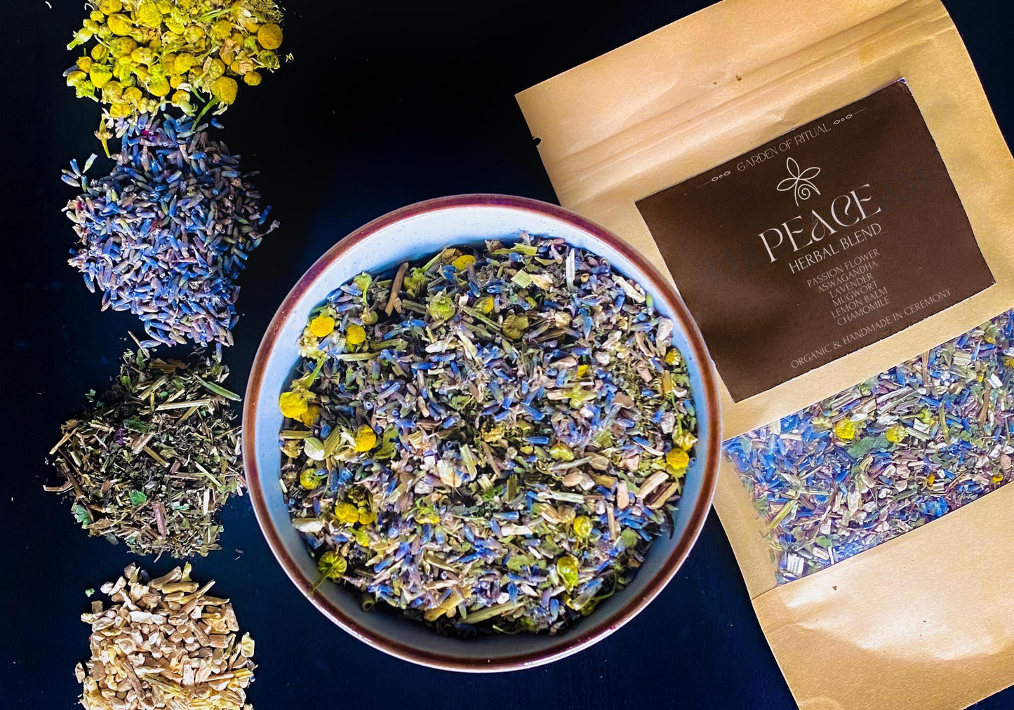 PEACE Herbal Blend: Passionflower, Ashwagandha, Lavender, Chamomile, Mugwort, Lemon Balm - Relaxation & Calm